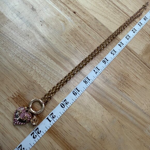 Juicy Couture Gold Tone Heart & Crown Charm Necklace With Pink Rhinestones - Picture 7 of 12